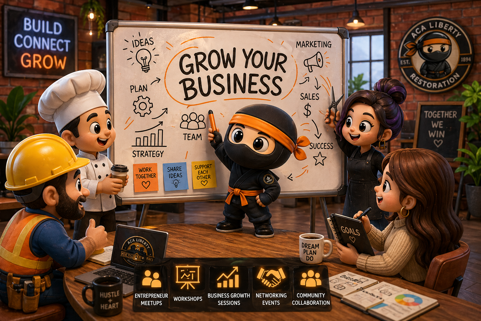 Graphic showing entrepreneurs collaborating to grow their businesses