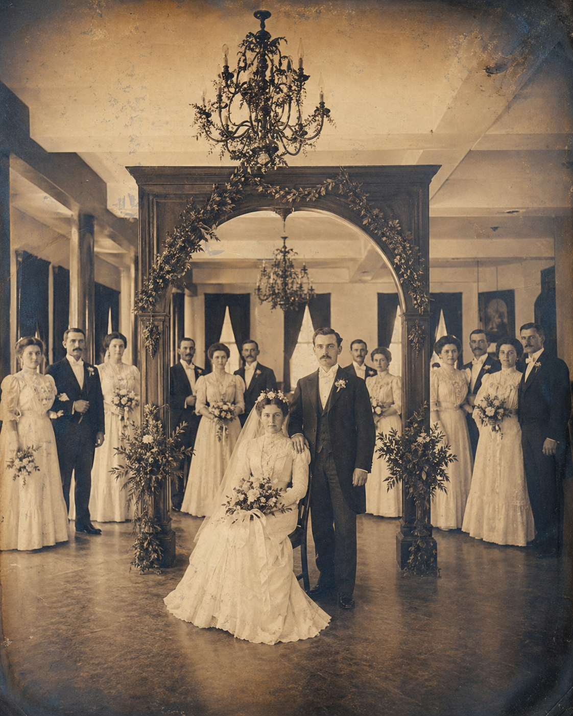 Sepia-toned bride on the historic venue staircase